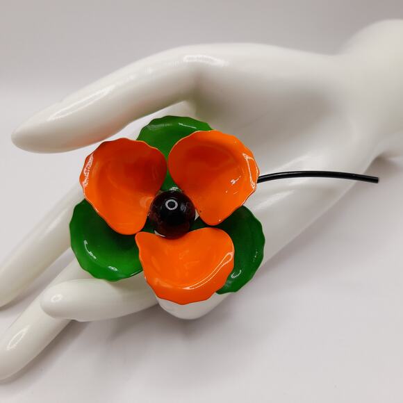 Vintage 1960s Orange Green White Enamel Flower Brooch with Stem, 4 Inches - Picture 3 of 9